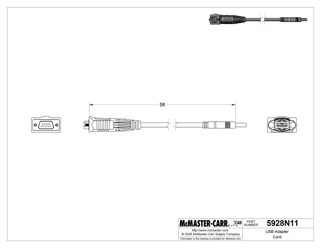Technical Drawing of USB Adapter Cord, A Plug x DB9 Plug, 5 Feet Long.